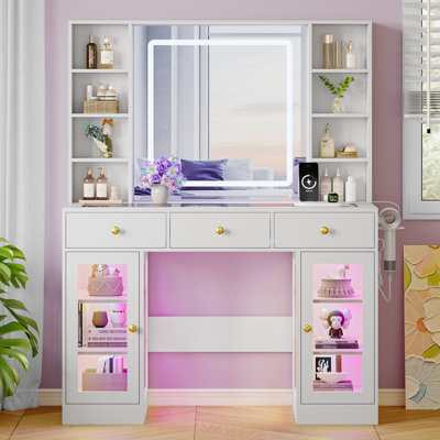 Meuble-lavabo avec lumières RVB, plateau en verre, miroir éclairé et séchoir à cheveux intégré, table de maquillage blanche tout-en-un avec tiroirs et tablettes