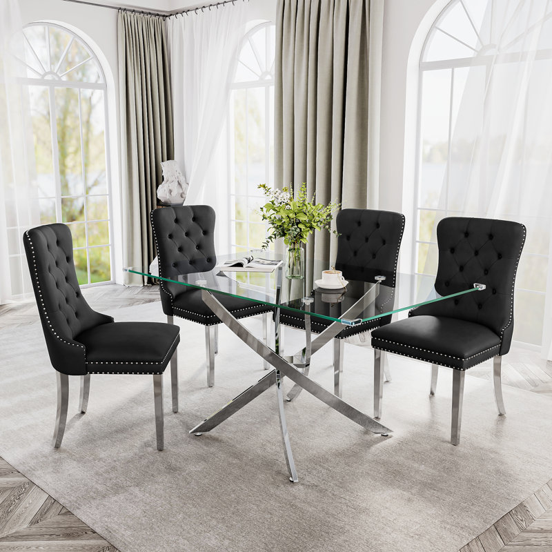 Modern Stainless Metal Base And Rectangle Glass Dining Table Set With Luxury Velvet Dining Chairs, Black/Silver, Silver