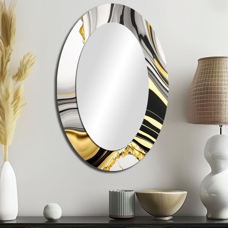 Abstrait Geode Marble Waves Gold III - Miroir décoratif abstrait ovale sur métal, 36 po x 24 po