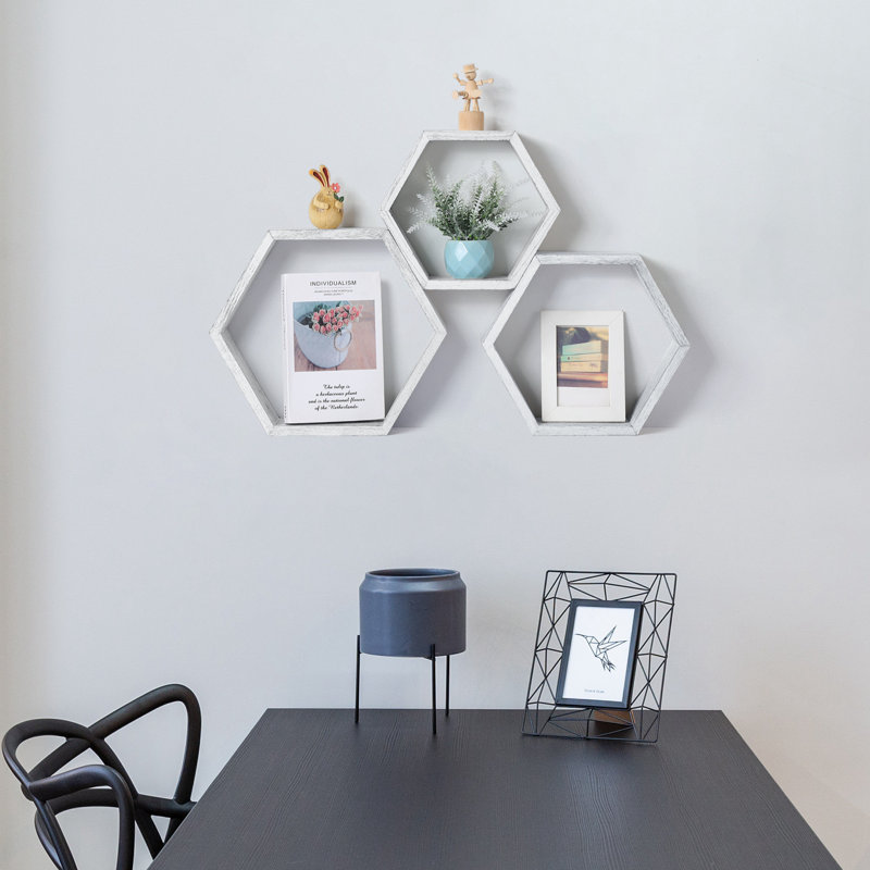 3 Piece Hexagon Solid Wood Floating Shelf, Gray
