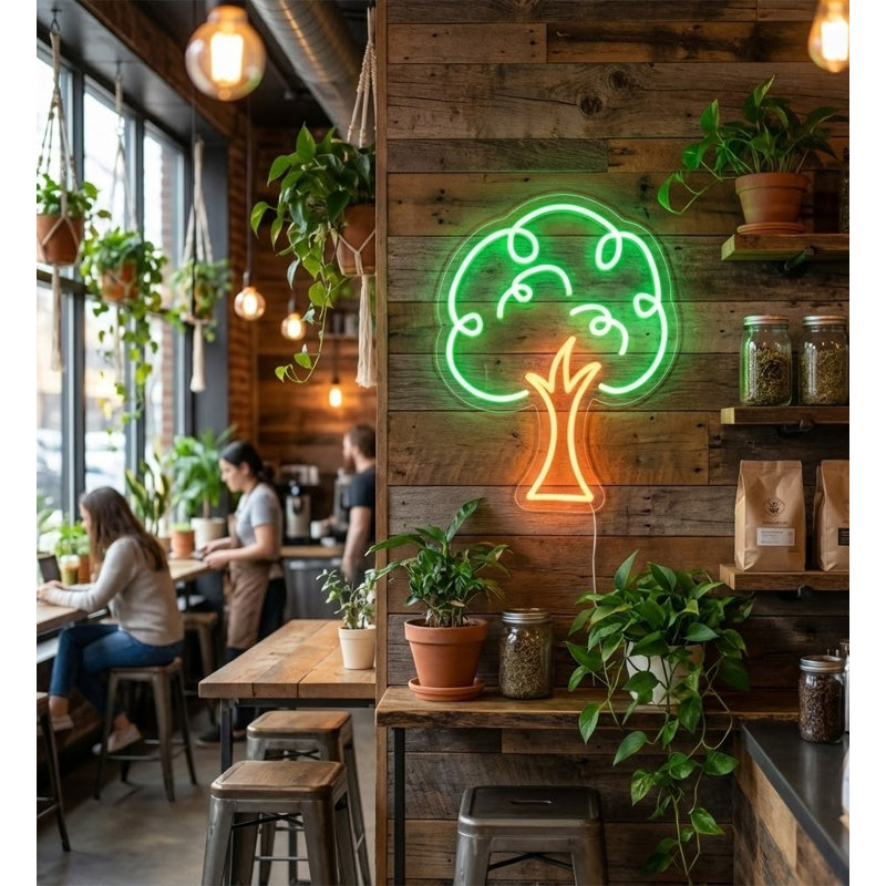  | Enseigne néon à motif d'arbre | Fabriqué avec un tube néon flexible durable qui émet un éclairage lumineux et uniforme pendant plus de 50 000 heures sans se décolorer | 24 x 18 | Vert et orange