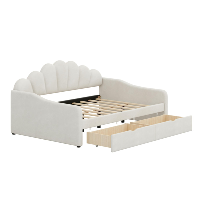 Structure de lit de jour rembourré avec dossier en forme de coquillage et tiroirs intégrés, Beige