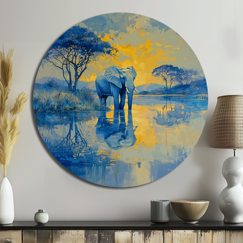 Éléphant au bord de l'eau - reproduction d'art moderne en métal jaune, art mural rond en métal éléphant, H 23 po x l 23 po