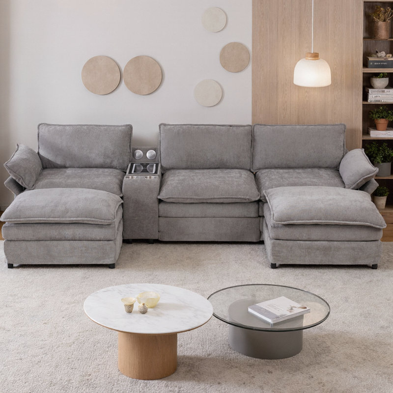 Canapé modulaire en U modulaire avec haut-parleurs Bluetooth et recharge sans fil, canapé en tissu de chenille 5 places avec console de rangement, 2 repose-pieds mobiles, accoudoirs réglables