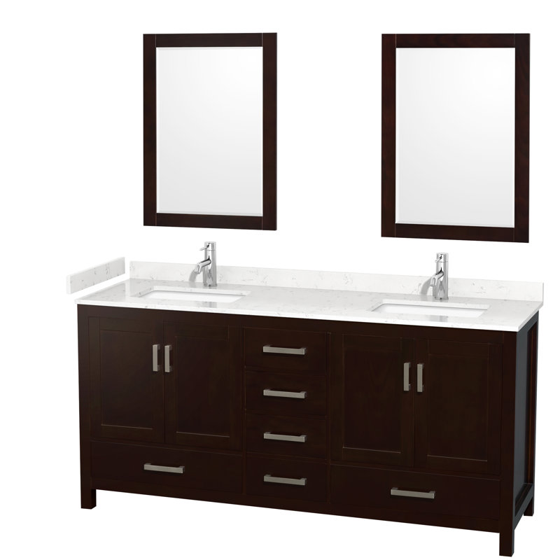 Sheffield 72" Freestanding Double Bathroom Vanity with Cultured Marble Top with 24" Mirrors, Carrara Cultured Marble