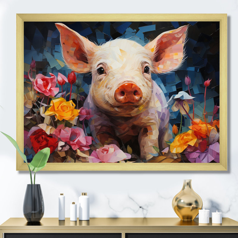 Collage de porcelets curieux roses sur toile, H 16 po x l 32 po x P 1 po, Encadrement doré