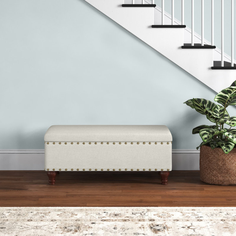 Chelsea Upholstered Ottoman Storage Bench, Cream/Brushed Brass Nailhead