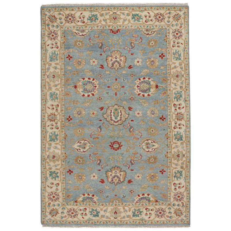 Sarah Hand-Knotted Wool Blue Beige Area Rug, Rectangle 8' x 10'