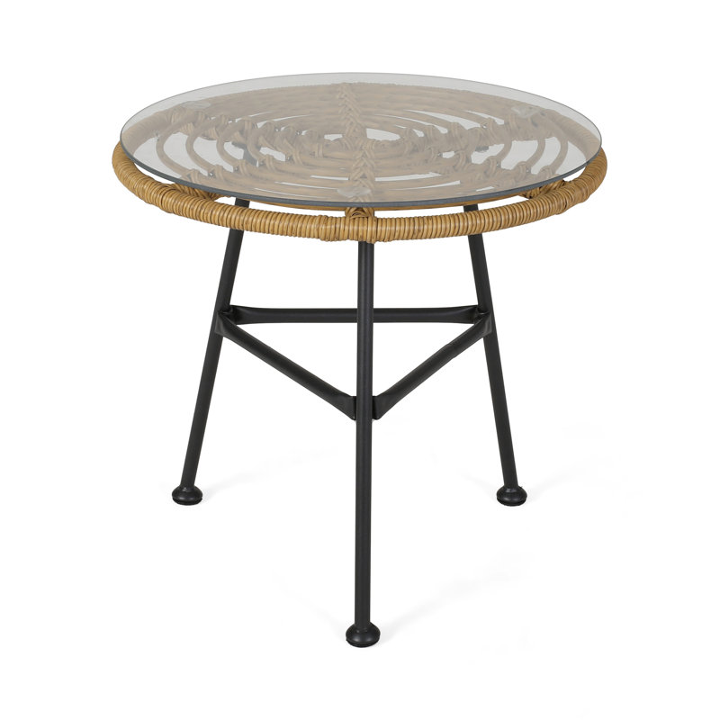 Outdoor Faux Rattan Side Table - Tempered Glass Top & Frame For Balcony/porch/deck, Brown
