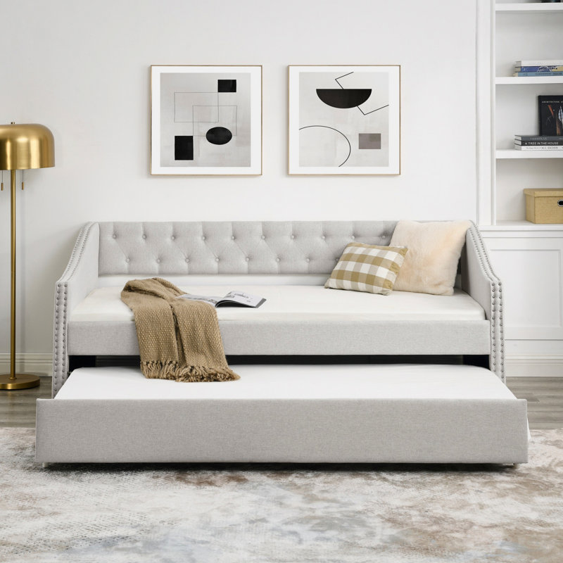 Daybed With Trundle, Upholstered Tufted Sofa Bed For Home, Beige, Twin