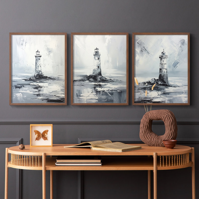 Série Sea and Shore Cxxi -Set de 3 estampes numériques giclées -Prêt à accrocher, Noyer, H 28 po x l 22 po