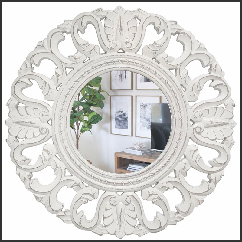 Miroir mural sculpté | Miroirs ronds pour salle de bain, salon, chambre à coucher, couloir, entrée et tout espace | Rond 24 po x 24 po / blanc