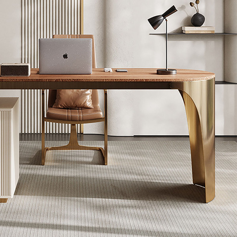Bureau moderne en bois de luxe moderne et minimaliste avec acier inoxydable, H 29,5 po x l 70,9 po x P 27,6 po, Brun / or