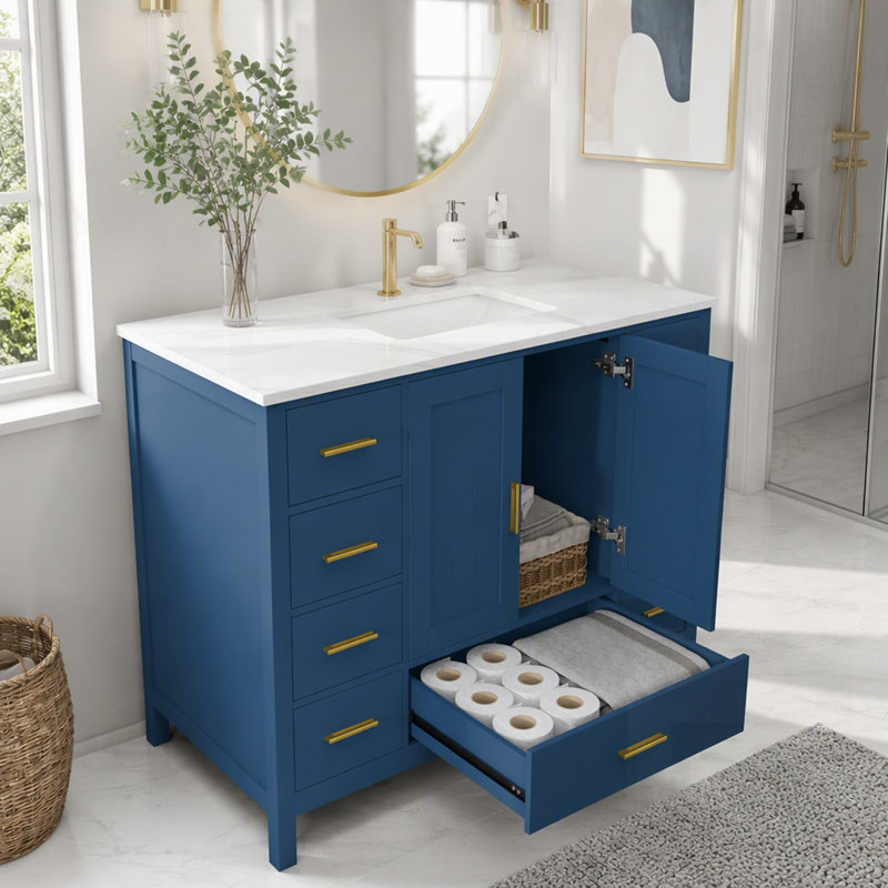 Meuble-lavabo moderne en bois massif avec lavabo, plateau en quartz, portes à fermeture en douceur et tiroirs spacieux, Blue