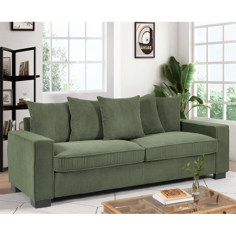 Canapé 3 places en velours côtelé de luxe avec coussins décoratifs, design épuré et confort spacieux, Vert foncé