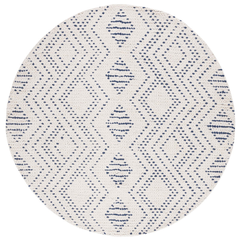 Apeksha Hand Loomed Wool/Cotton Geometric Rug in Blue/Ivory, Round 6'