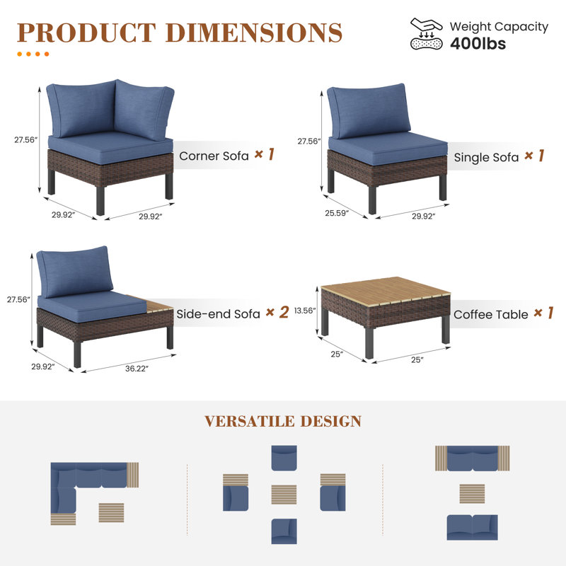 L-Shaped Rattan Outdoor Patio Sofa Set, Blue, 4