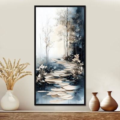 «Beige Blue Woodtrail Fall Lake Path I - Beige Serene Large, impression sur toile encadrée automne