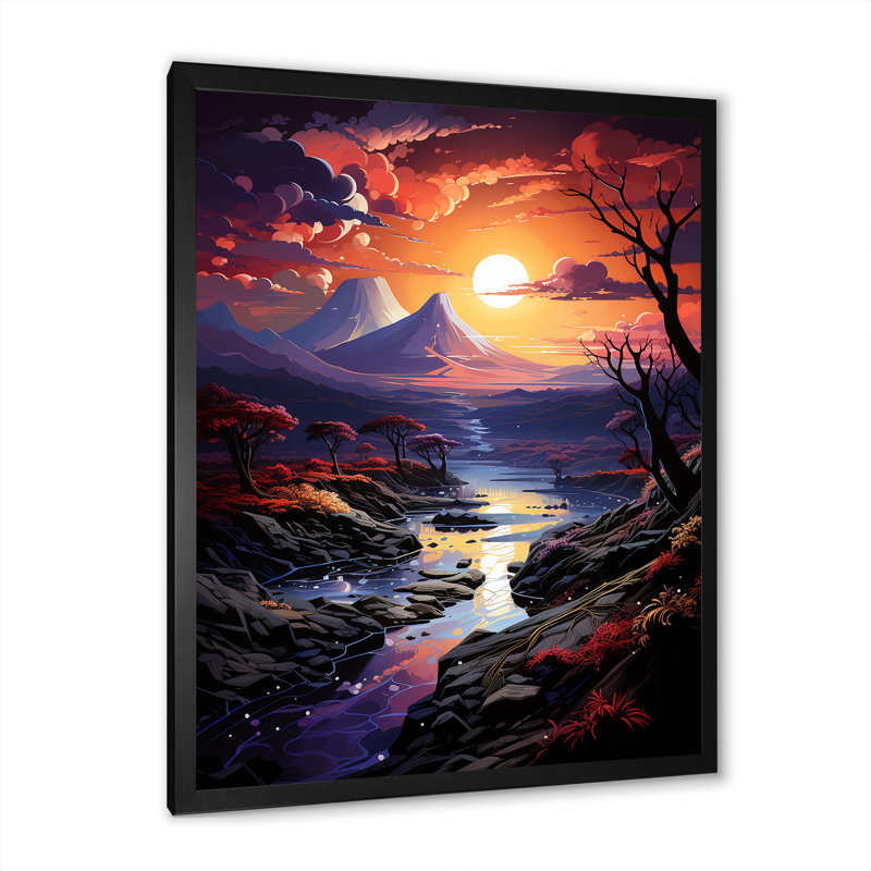 Volcan, crépuscule volcanique sur toile, Cadre simple noir, H 44 po x l 34 po x P 1,5 po