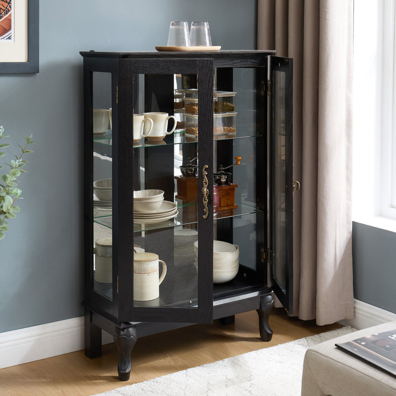 Black Display Cabinet With Tempered Glass, Lighted Feature, And Mirrored Back For Office Decor Elegant Curio Interior, Vintage Charm, Metal Handle Wines
