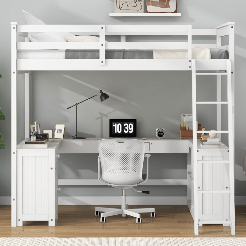 Lit mezzanine double avec U-bureau et tablettes de rangement pour les petites pièces, Blanc