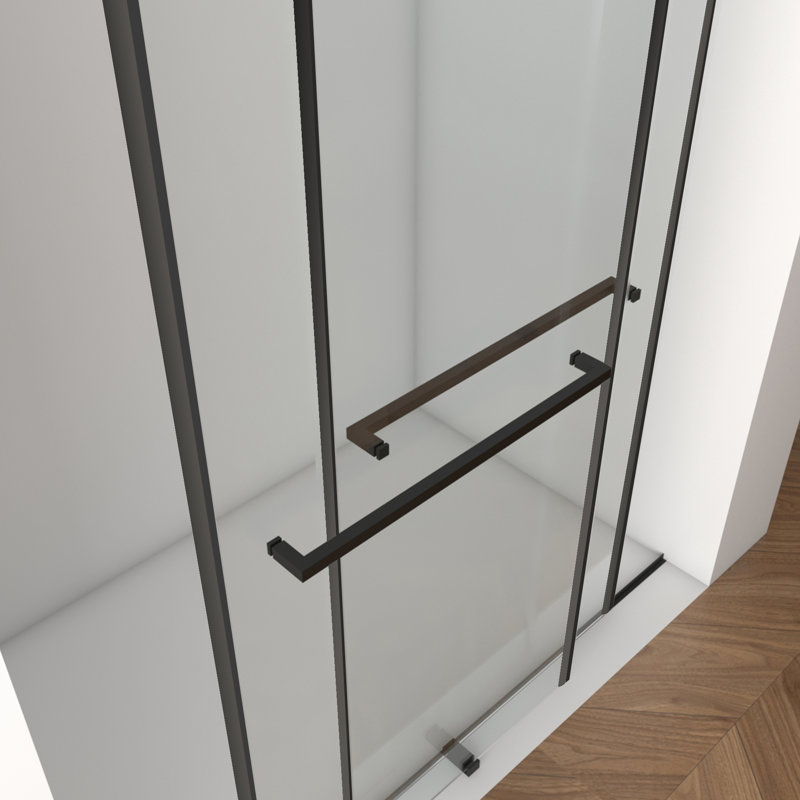 Cabine de douche double coulissante, H 70 po x l 56 à 60 po, verre feuilleté, noir mat, avec porte et poignée 60 po x 70 po, finition en verre trempé noir, côté facile à nettoyer, acier inoxydable rouille