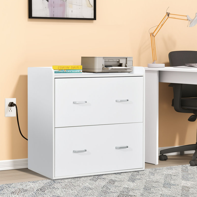 2 Drawer File Cabinet White Filing Cabinet with USB Power Outlets, Metal Handle