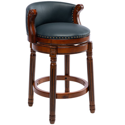 Tabourets de bar en bois et cuir de vache de 26 po de hauteur de siège, chaise de bar pivotante à 360 degrés avec dossier pour comptoir de cuisine (1pc)