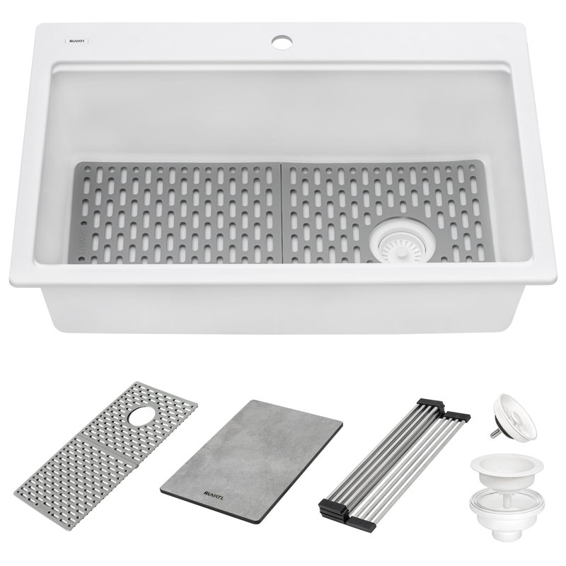 Ruvati 33" L x 22" W Drop-In Kitchen Sink with Accessories, Arctic White