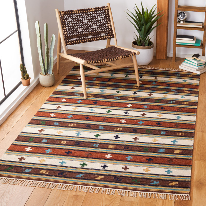 Provins Flat Weave Wool/Cotton Southwestern Rug in Ivory/Rust, Rectangle 6' x 9'