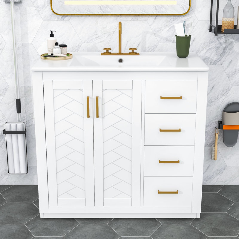 Bathroom Vanity with Ceramic Sink, 3 Drawers and Soft-Closing Doors Cabinet, White