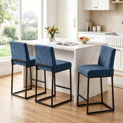 Modern Upholstered 26" Counter Height Bar Stool with Metal Sled Base, Cushioned Kitchen Island Stool, Set of 3