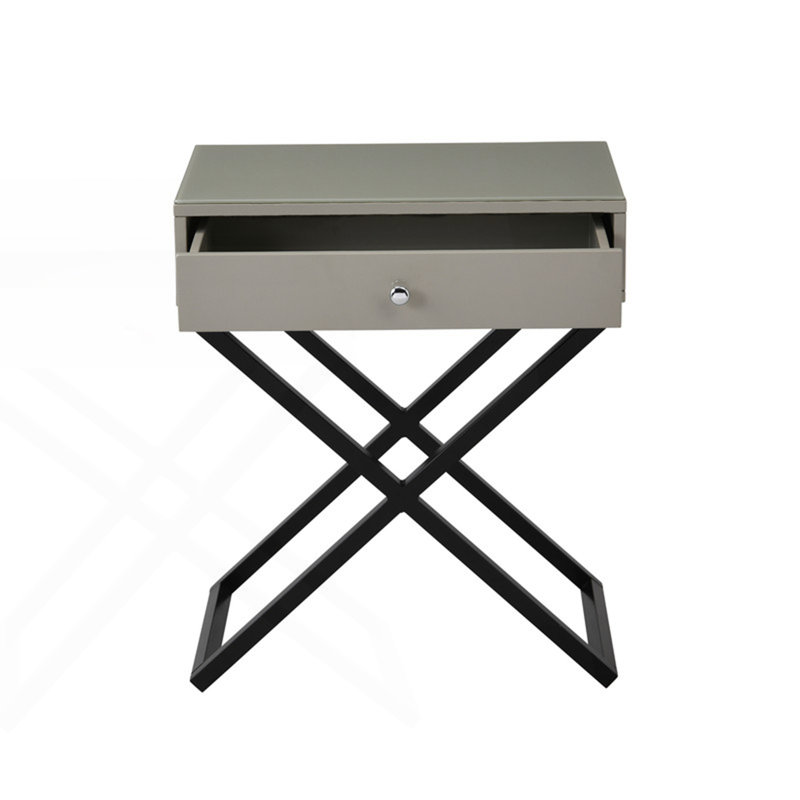 Side Table, Nightstand With Glass Top, Drawer And Metal Cross Base, Bed Side Table, Taupe