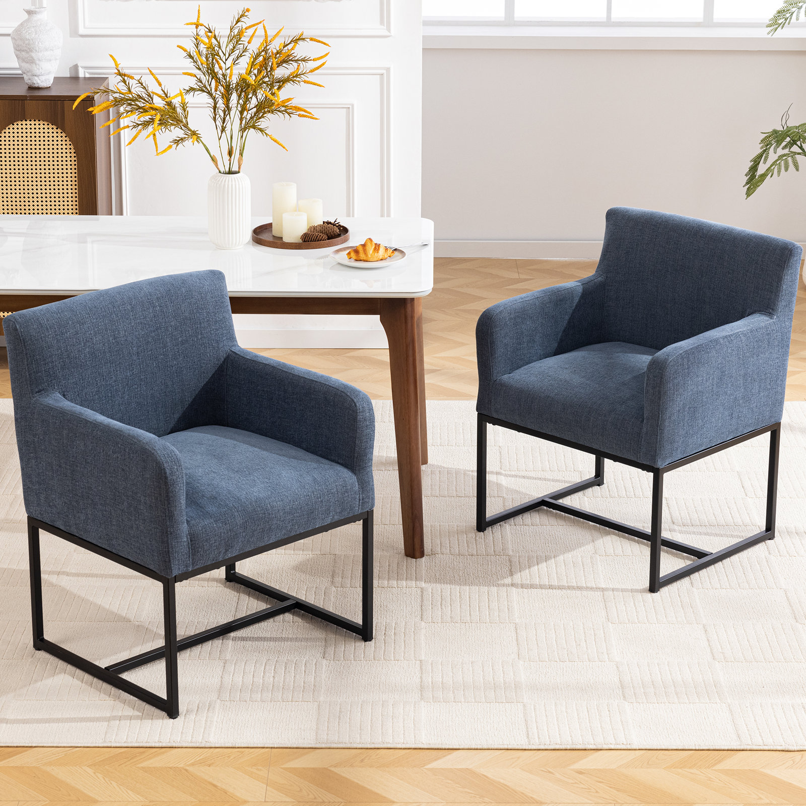 19"H Upholstered Armchair with Metal Base, NavyBlue