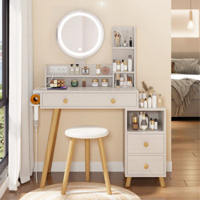 Table de chevet ronde avec miroir + tabouret rembourré avec 2 prises de courant et 2 prises USB, miroir à DEL de 17 po de diamètre, commande tactile, 3 couleurs, luminosité réglable, grand bureau, rangement multicouche