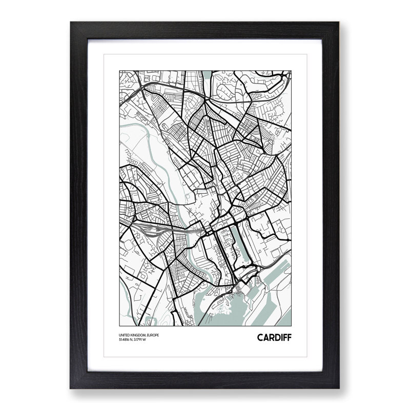 Map Cardiff UK - Picture Frame Graphic Art, Black Framed, 90cm H x 65cm W x 2cm D