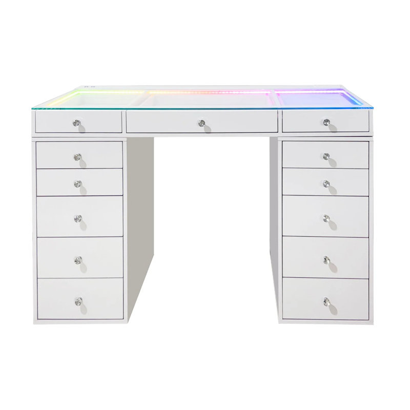 Table de coiffeuse Slaystation Radiant Plus 2.0 avec lumière RVB, coiffeuse de maquillage avec plateau en verre transparent et boutons en faux cristal luxueux, ensemble de meuble-lavabo à 5 tiroirs blanc