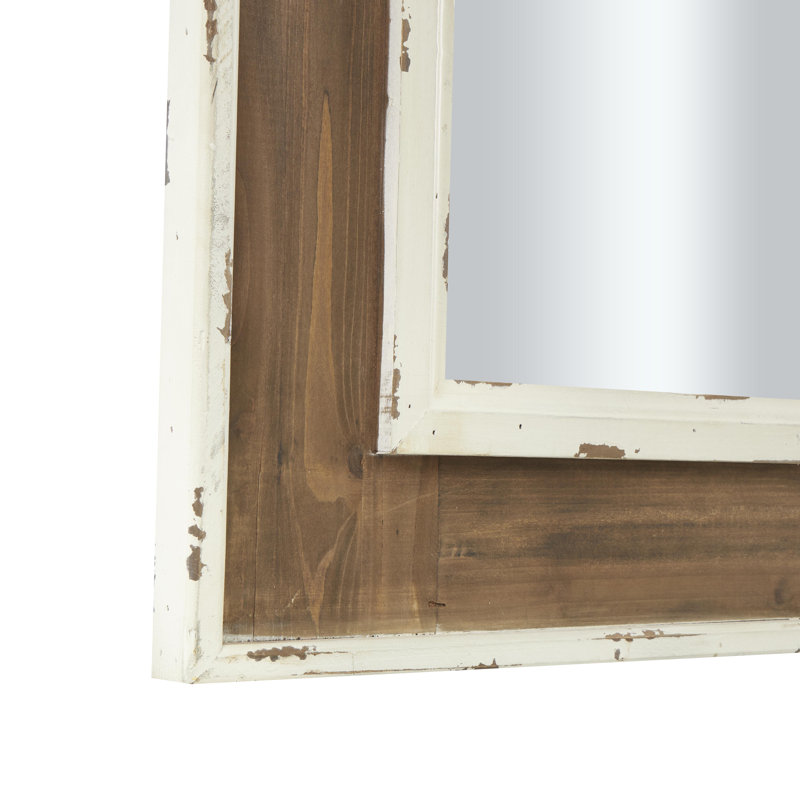 Scalloped 33" x 43" Brown and Cream Rustic Wooden Wall Mirror