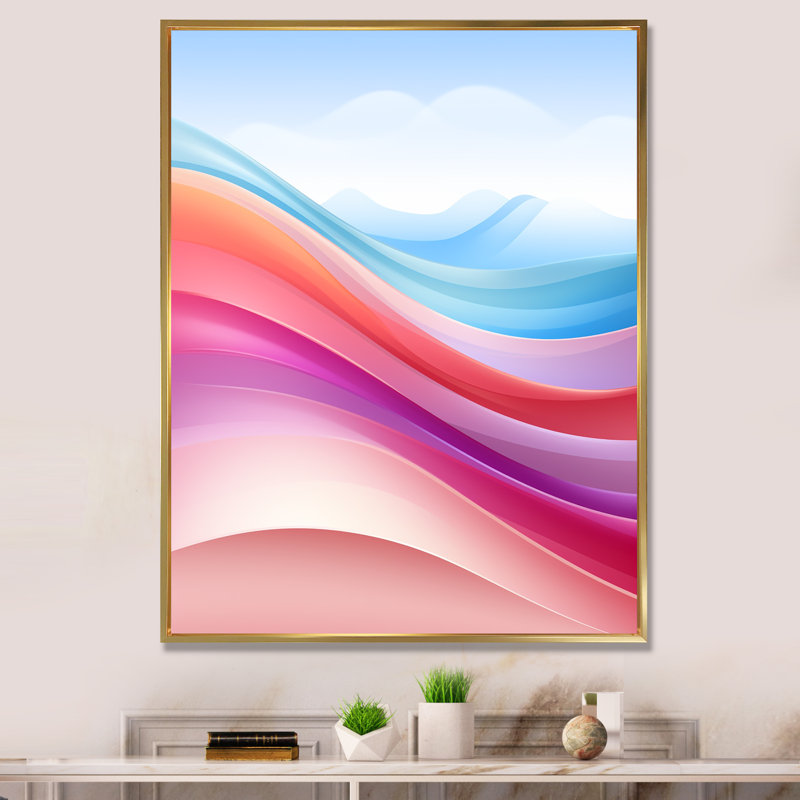 «Blue and Light Pink Abstract Waves - Abstract Shapes», art mural sur toile, Cadre flottant doré