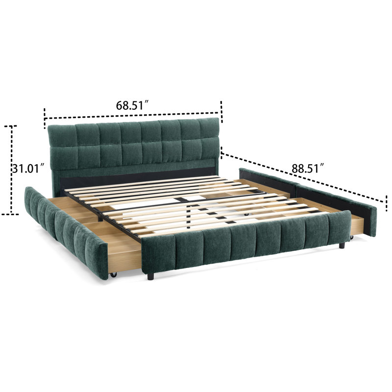 Lit plateforme tapissier en chenille moderne avec quatre tiroirs sous le lit, Grand, Vert