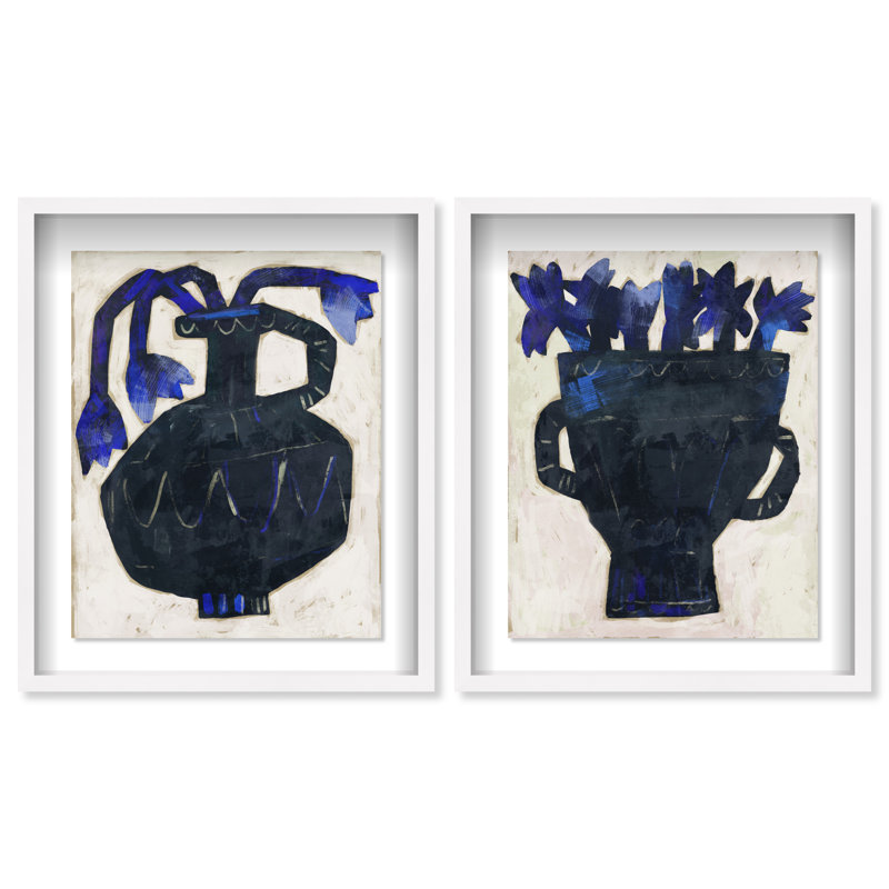 Indigo Vases Set Shadowbox Floral & Botanical Print by Oliver Gal, Black Frame, 16 x 20, 63"H x 51"W, White Shadowbox