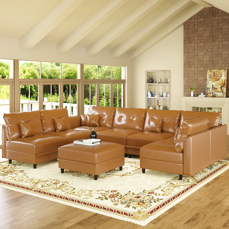Zendajas 8 - Piece Upholstered Sectional Modular Sofa With Storage Ottoman, Brown Faux Leather