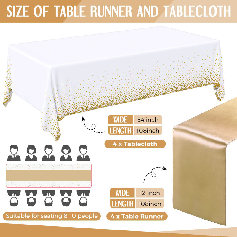 Ensemble de 8 nappes jetables en plastique blanches et dorées et chemin de table en satin, nappe 54 x 108 pouces, chemins de table 12 x 108 pouces