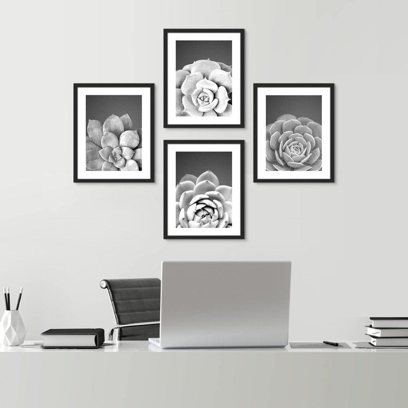" Black White Grayscale Southwest Succulent Cactus Wall Art Set Of 4 Floral Botanical Wall Decor " 4 - Pieces, Black