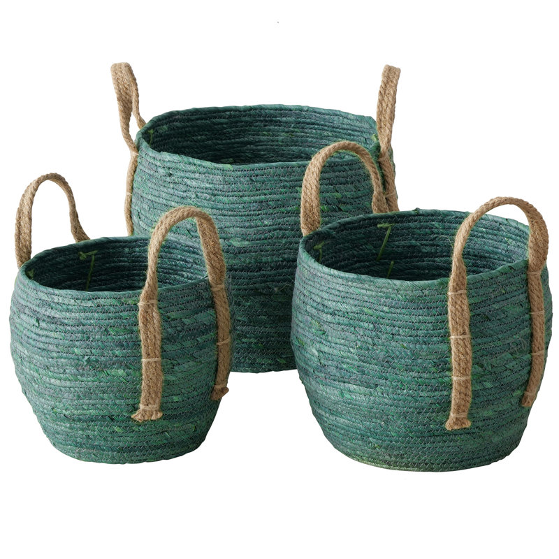 3 Piece Green Wicker Basket Set