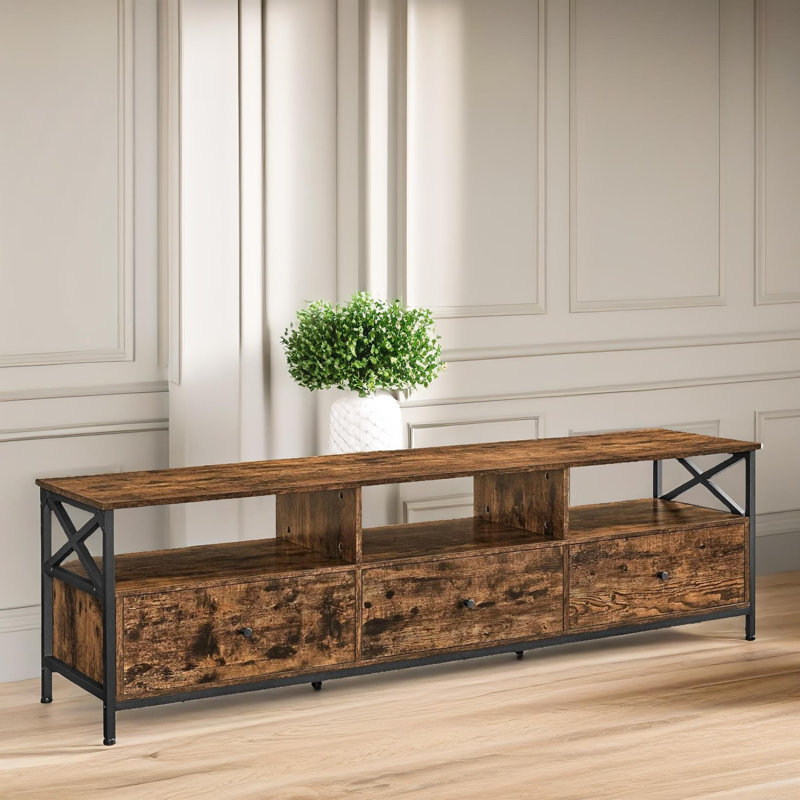Industrial TV Stand Unit With Rustic Brown Storage Shelves Living Room