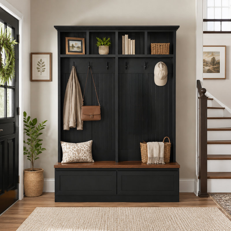 Hallway & Living Room Entryway Storage Rack — Black "Mudroom-Style" Coat Rack — Farmhouse-Style Bench With Wood-Grain Finish And Two Drawers