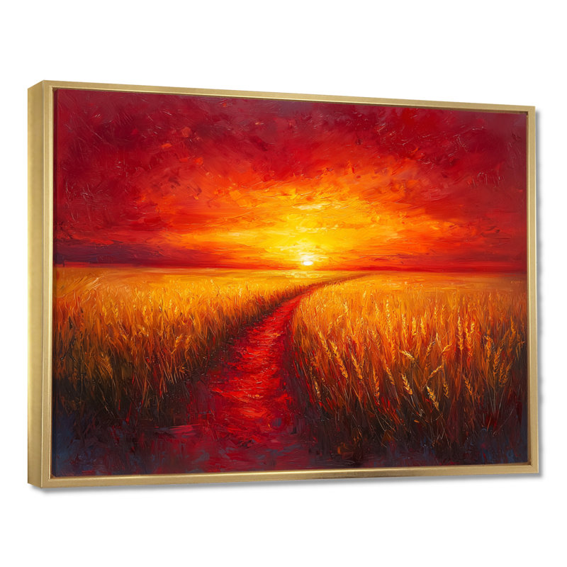 Coucher de soleil sur le champ de blé IV - campagne grand art mural, H 12 po x l 20 po, Cadre flottant, Doré