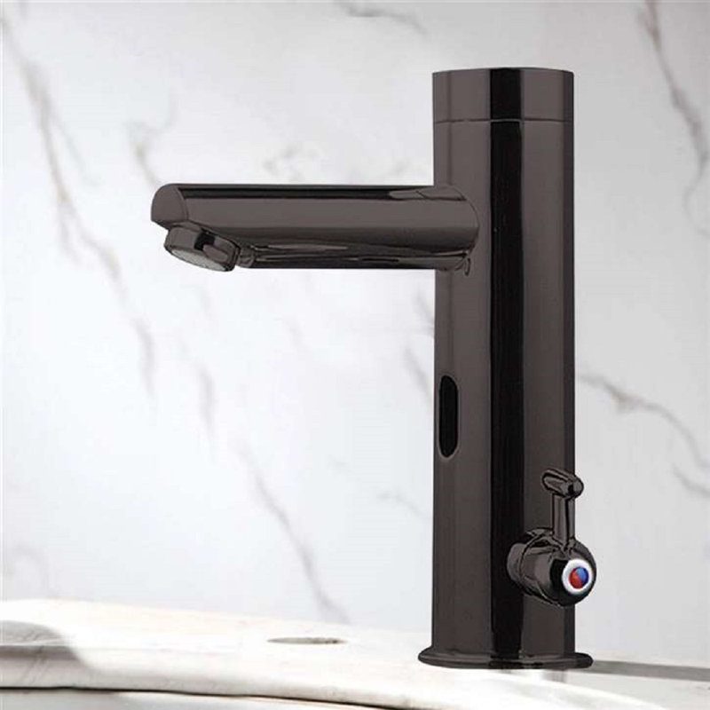 Robinet de lavabo de salle de bain sans contact FontanaShowers, fixation sur plateau en laiton massif noir poli avec capteur réglable