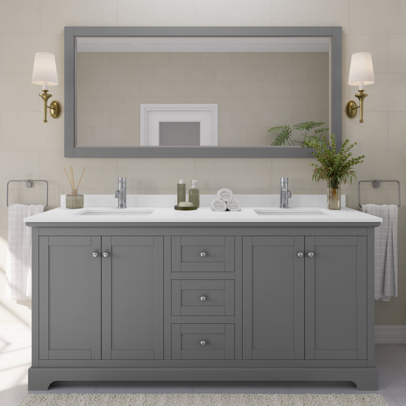 Meuble-lavabo double autoportant avec plateau Avery, Quartz blanc, Gris foncé 1, Chrome poli